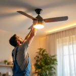 A photograph of a lighting contractor expertly installing a stylish ceiling fan with integrated lighting in a modern living space
