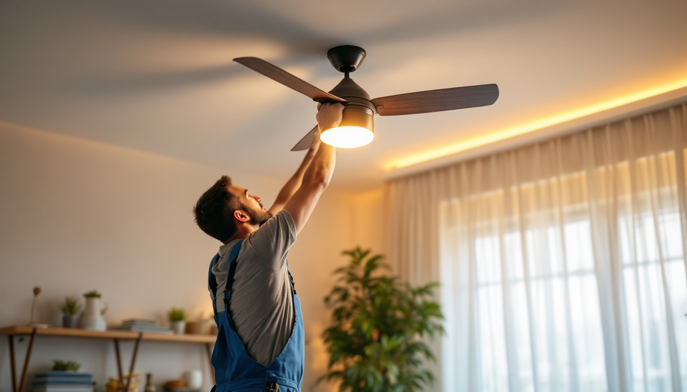 A photograph of a lighting contractor expertly installing a stylish ceiling fan with integrated lighting in a modern living space