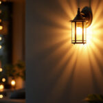 A photograph of a beautifully designed indoor wall lantern illuminating a cozy