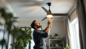 A photograph of a lighting contractor expertly installing a stylish