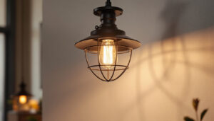 A photograph of a stylish industrial flush mount light fixture installed in a modern interior setting
