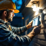 A photograph of a lighting contractor installing led outdoor flood light bulbs in a residential or commercial setting