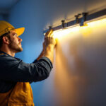A photograph of a lighting contractor expertly installing led strip lights in a modern interior space