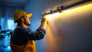 A photograph of a lighting contractor expertly installing led strip lights in a modern interior space