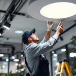 A photograph of a skilled lighting contractor expertly installing commercial recessed lighting in a modern office space