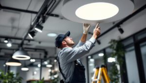 A photograph of a skilled lighting contractor expertly installing commercial recessed lighting in a modern office space
