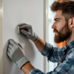 A photograph of a lighting contractor expertly installing a three-wire switch in a residential setting