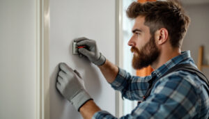 A photograph of a lighting contractor expertly installing a three-wire switch in a residential setting