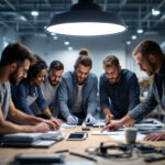 A photograph of a diverse team of professionals engaged in a hands-on training session