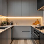 A photograph of a beautifully illuminated kitchen featuring sleek under counter led lights