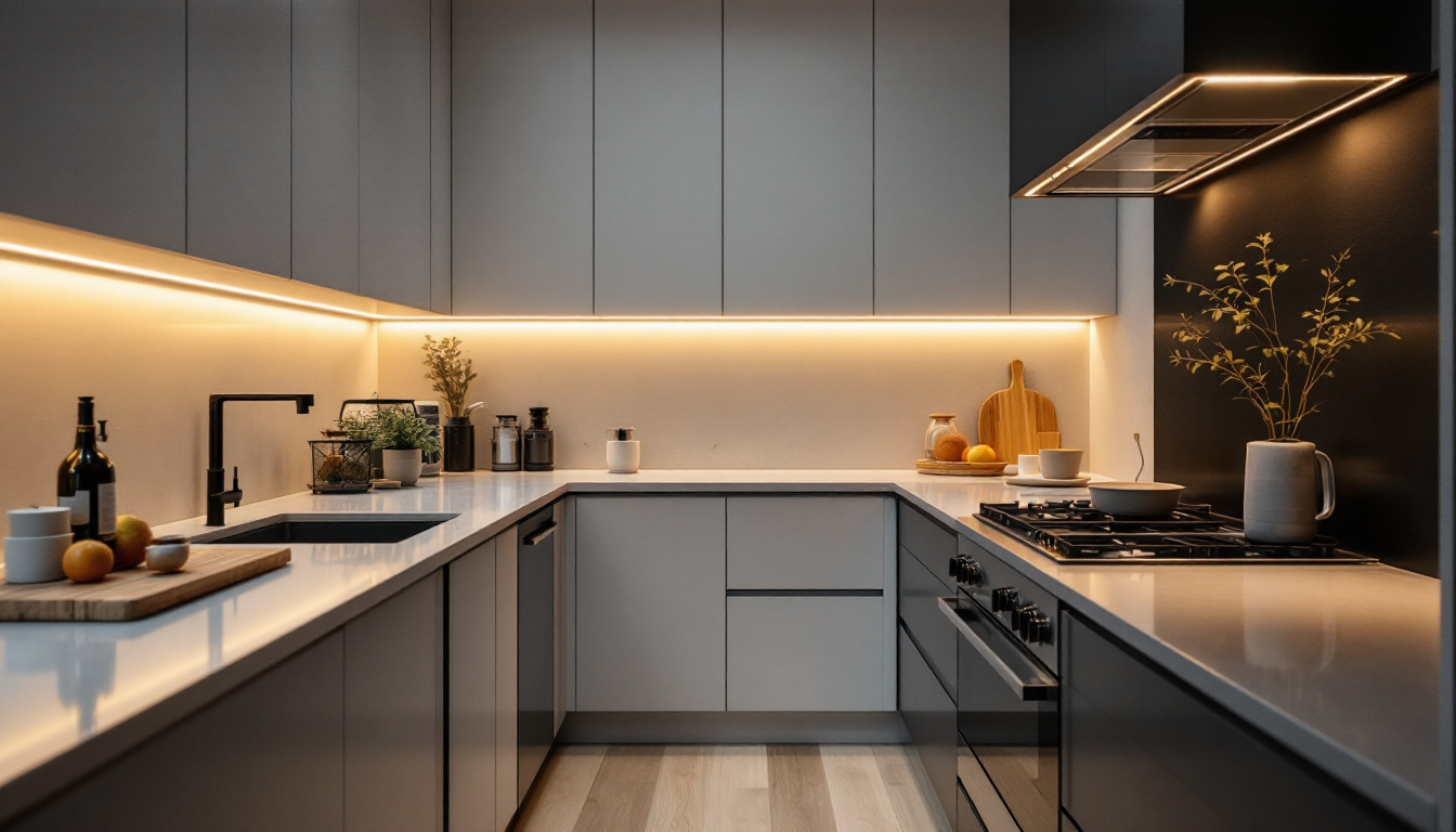 A photograph of a beautifully illuminated kitchen featuring sleek under counter led lights