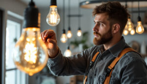 A photograph of a lighting contractor working diligently on a residential project