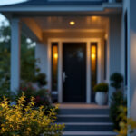 A photograph of a modern motion-sensing porch light installed on an inviting front porch