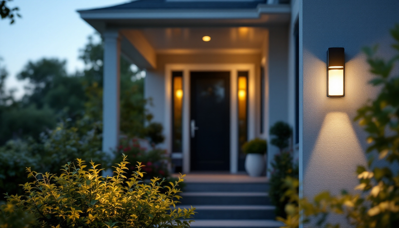 A photograph of a modern motion-sensing porch light installed on an inviting front porch