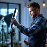 A photograph of a lighting contractor adjusting a dimmable led fixture in a well-lit room