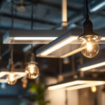 A photograph of a modern lighting installation featuring philips advance ballasts in a commercial or industrial setting