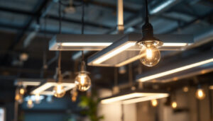 A photograph of a modern lighting installation featuring philips advance ballasts in a commercial or industrial setting