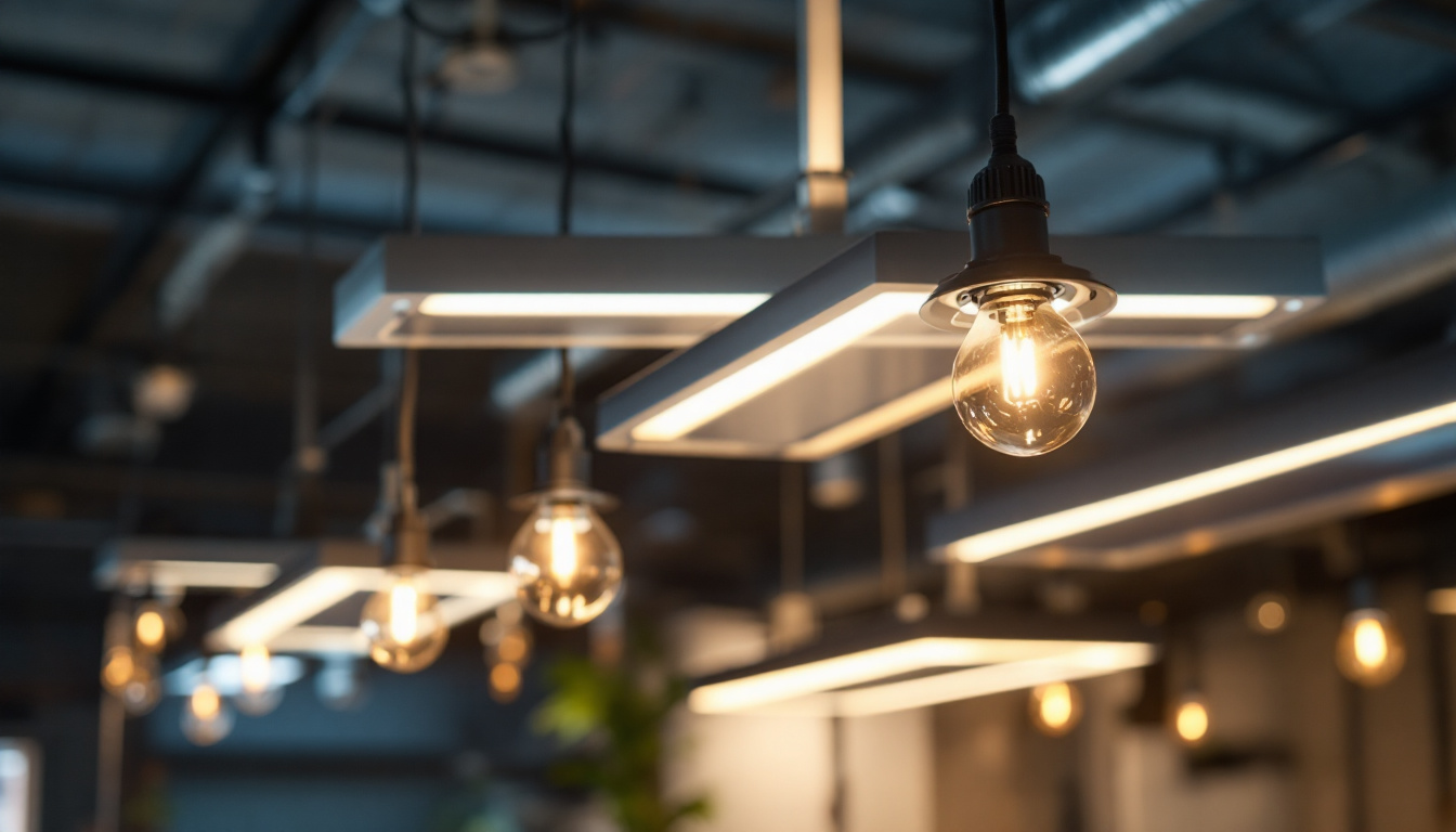 A photograph of a modern lighting installation featuring philips advance ballasts in a commercial or industrial setting