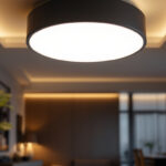 A photograph of a stylish flush mount ceiling light fixture installed in a modern living space