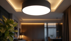 A photograph of a stylish flush mount ceiling light fixture installed in a modern living space