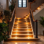 A photograph of a beautifully designed staircase illuminated by recessed stair lights