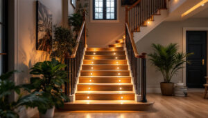 A photograph of a beautifully designed staircase illuminated by recessed stair lights