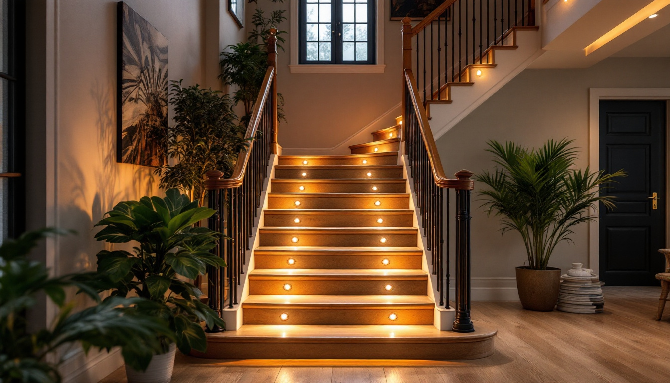 A photograph of a beautifully designed staircase illuminated by recessed stair lights