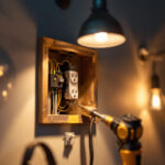 A photograph of a lighting contractor expertly installing a covered outlet box in a residential setting