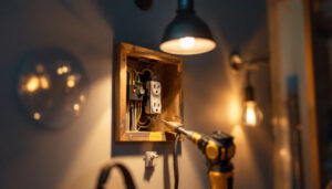 A photograph of a lighting contractor expertly installing a covered outlet box in a residential setting