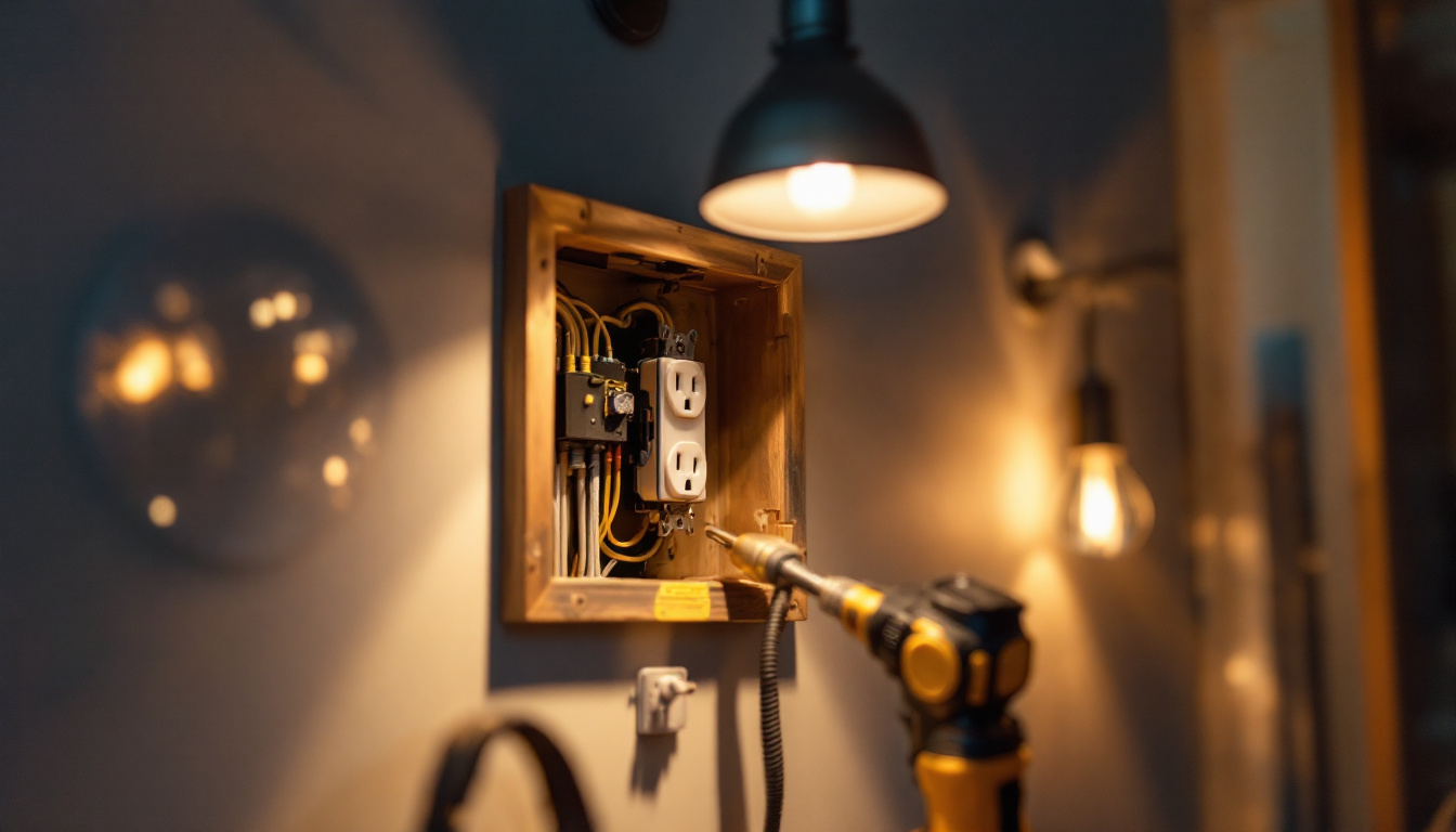 A photograph of a lighting contractor expertly installing a covered outlet box in a residential setting