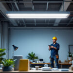 A photograph of a well-lit workspace featuring a 48-inch fluorescent light fixture installed in a commercial setting