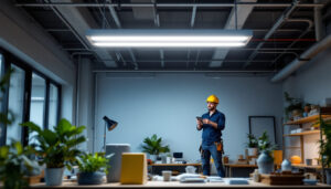 A photograph of a well-lit workspace featuring a 48-inch fluorescent light fixture installed in a commercial setting