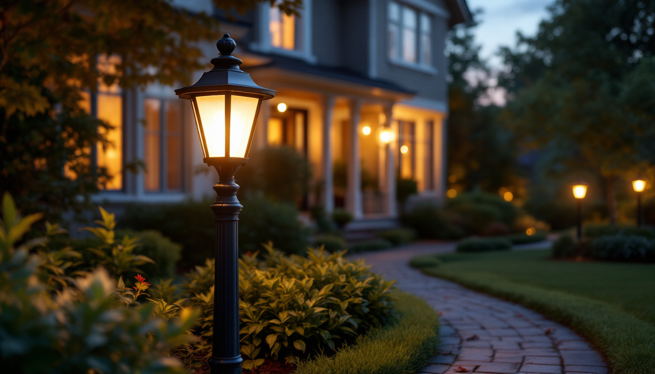 A photograph of a beautifully illuminated front lawn light post in a well-maintained garden setting during twilight