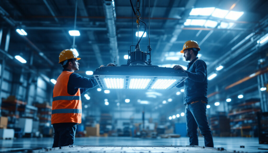 A photograph of a well-lit industrial workspace featuring a hyperlite led high bay light in action