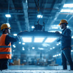 A photograph of a well-lit industrial workspace featuring a hyperlite led high bay light in action