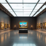A photograph of a well-lit museum exhibit showcasing various artworks under different lighting conditions