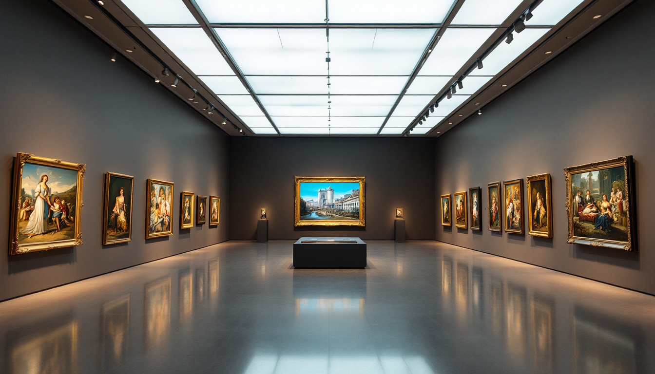 A photograph of a well-lit museum exhibit showcasing various artworks under different lighting conditions