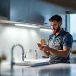 A photograph of a lighting contractor demonstrating the installation of stylish cabinet lights with a remote control in a modern kitchen setting