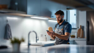 A photograph of a lighting contractor demonstrating the installation of stylish cabinet lights with a remote control in a modern kitchen setting
