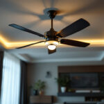 A photograph of a stylish decorative ceiling fan installed in a modern living space