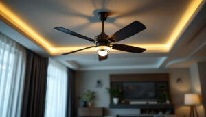 A photograph of a stylish decorative ceiling fan installed in a modern living space