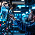 A photograph of a skilled lighting contractor adjusting a sophisticated light control system in a modern setting