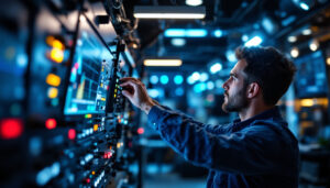 A photograph of a skilled lighting contractor adjusting a sophisticated light control system in a modern setting