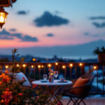 A photograph of a cozy balcony scene illuminated by stylish solar-powered lights at dusk