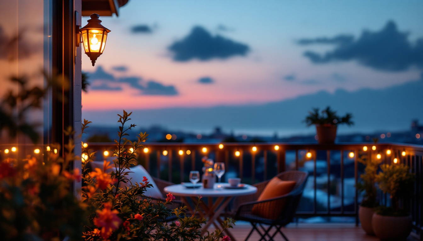 A photograph of a cozy balcony scene illuminated by stylish solar-powered lights at dusk