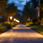 A photograph of a well-lit sidewalk at dusk