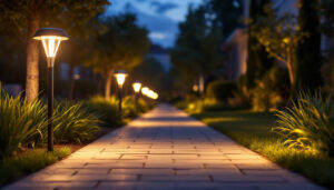 A photograph of a well-lit sidewalk at dusk