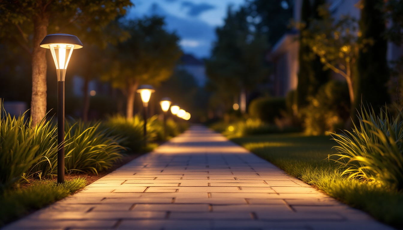 A photograph of a well-lit sidewalk at dusk