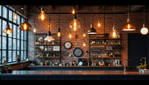 A photograph of a stylish industrial space featuring a variety of unique lighting fixtures