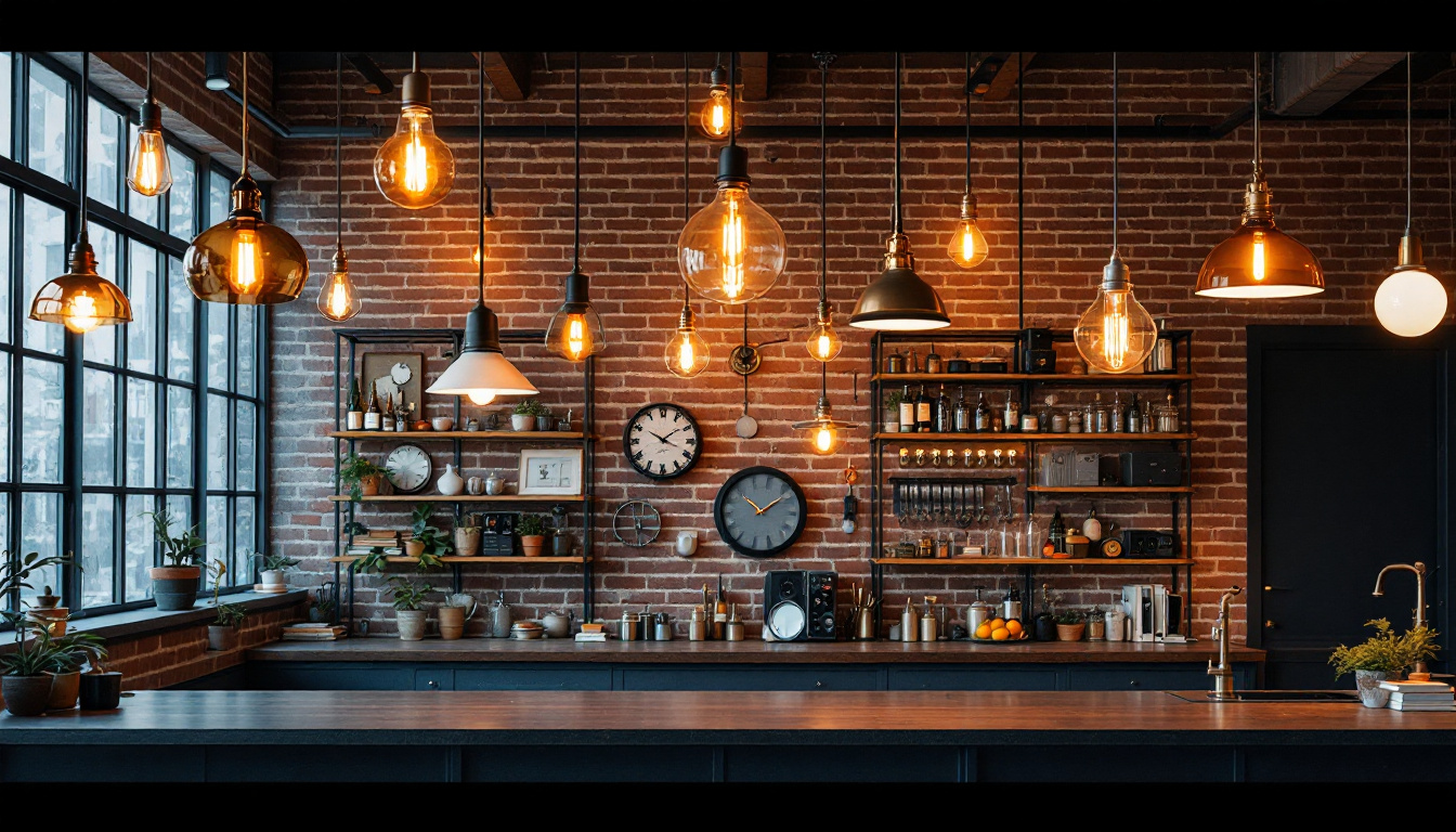 A photograph of a stylish industrial space featuring a variety of unique lighting fixtures